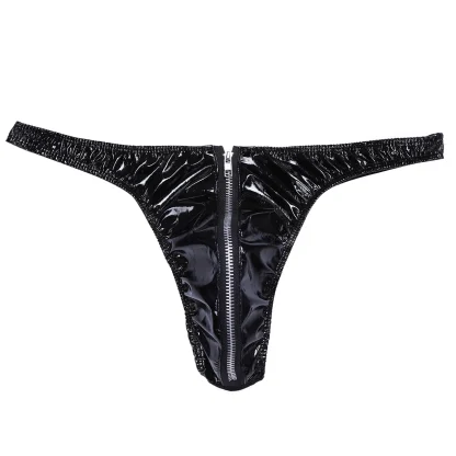 Zip Crotch Glossy Black Thong - Image 3